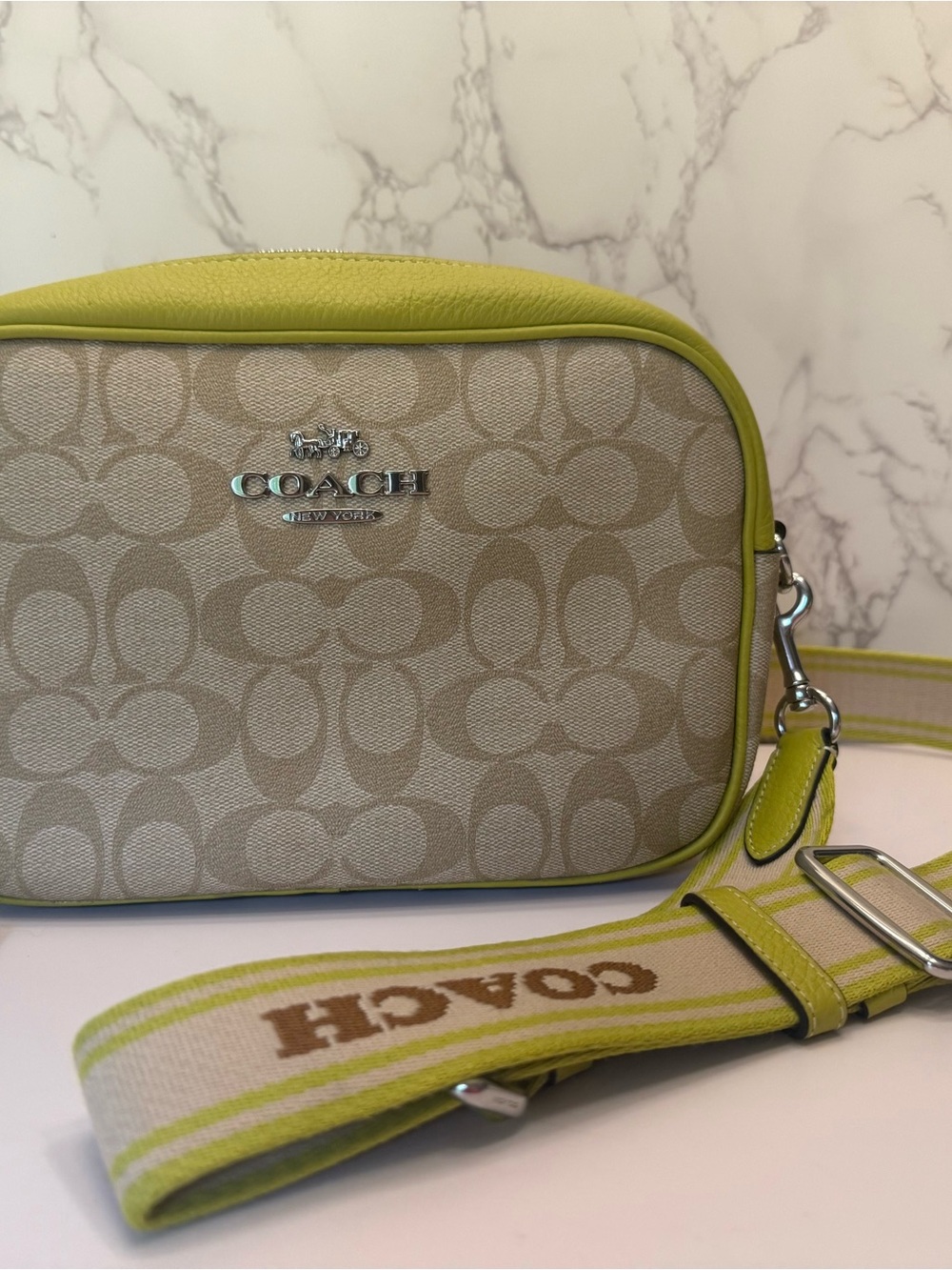 Coach Beige Lime Green Jamie Camera Bag Signature Canvas Crossbody Bag